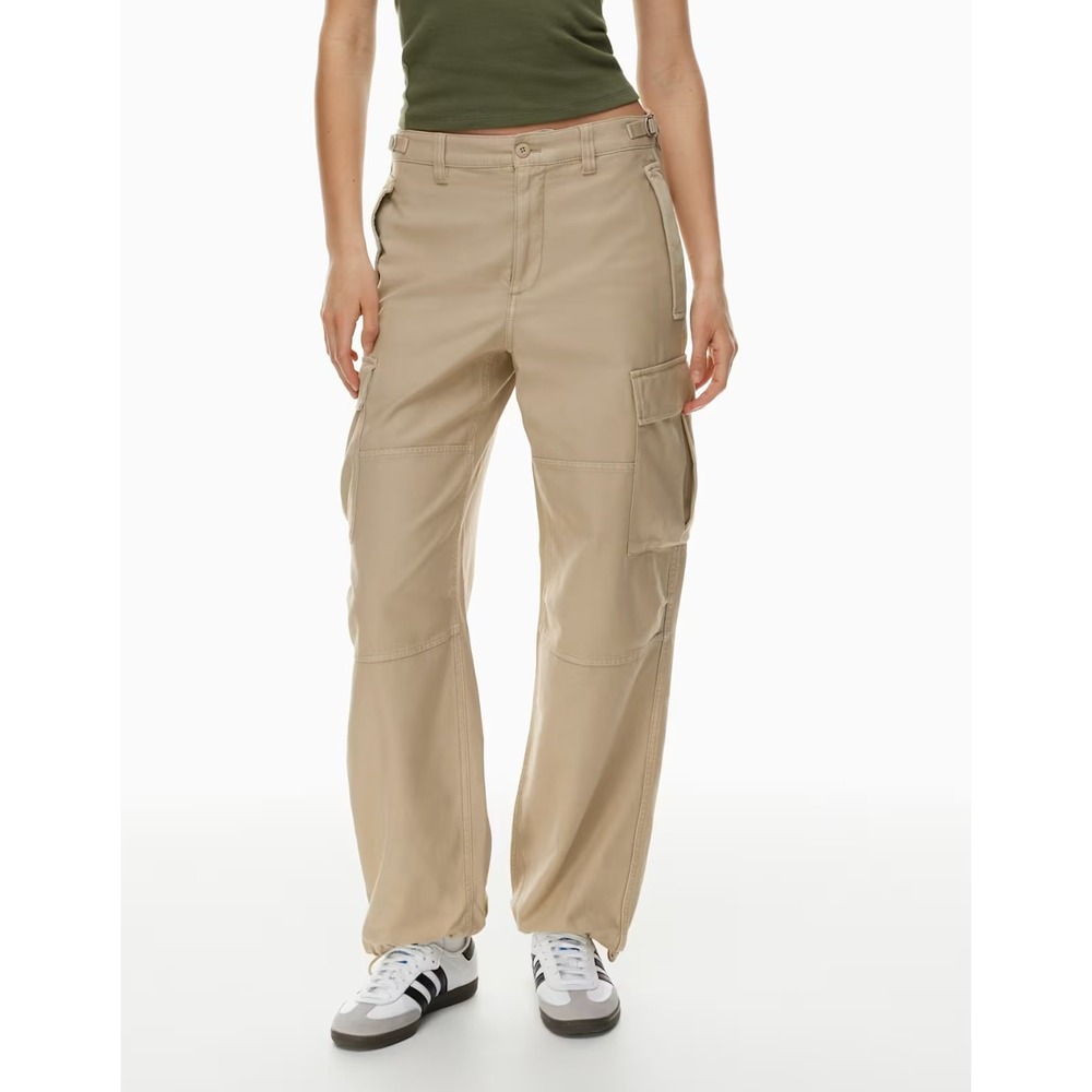 TNA Aritzia Supply Cargo Pants Tan Khaki Cotton Utility Drawstring Hem Size 4